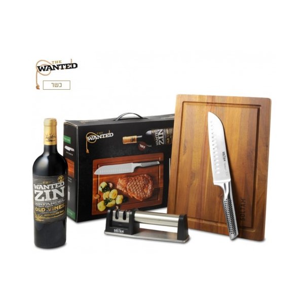 מארז BBQ עם יין אדום זינפנדל וסט סכינים מקצועי SOLTAM